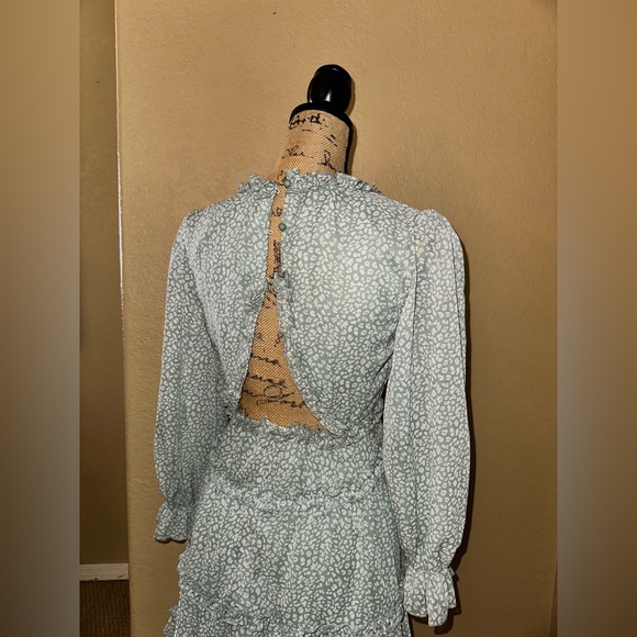 Fall Spring Deep V Neck Ruffle Long Sleeve Floral Print Mini Dress - Picture 3 of 9